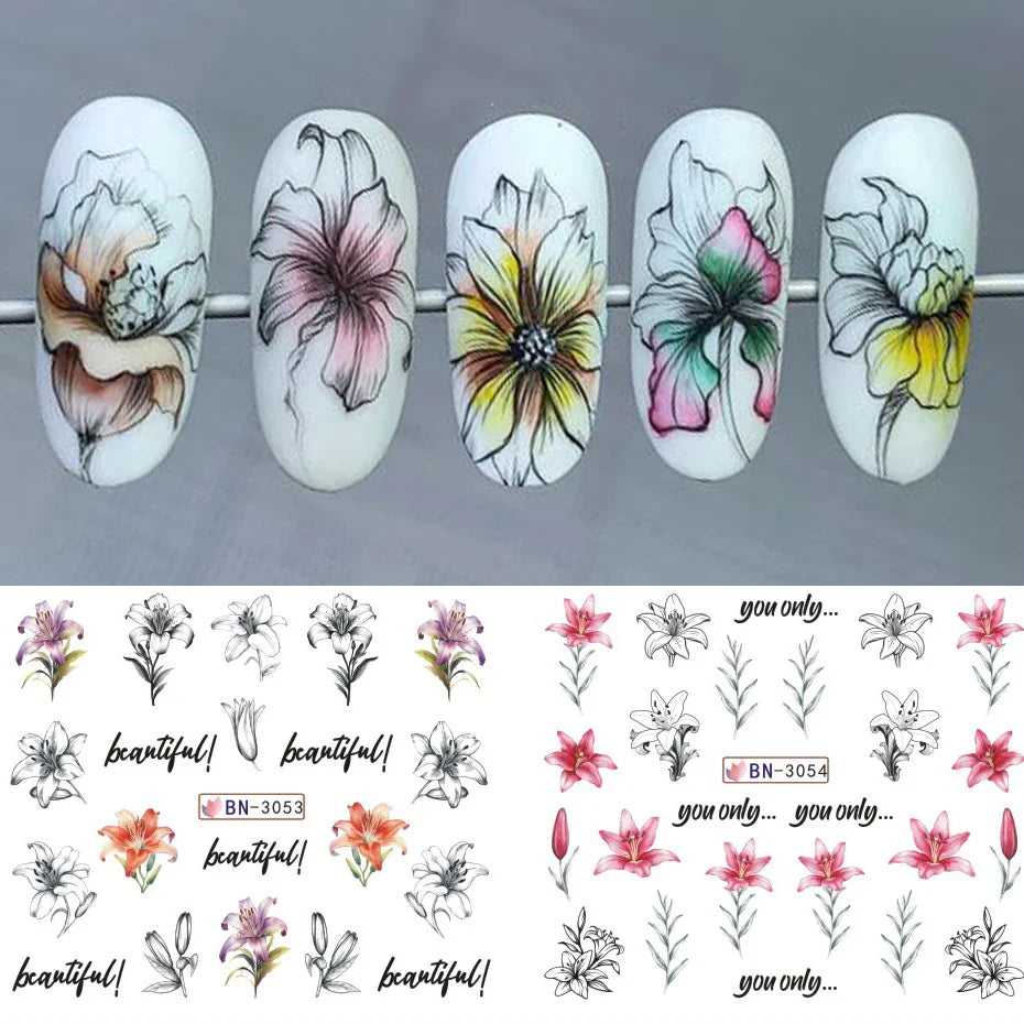 Aichashi 12 Designs Lily Flowers Nail Stickers White Flower Green Leaf Geometric Line Sliders Spring Floral Water Transfer Decals Slider