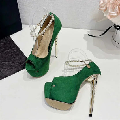 aichashi  -  Sexy Peep Toe Thin High Heel String Bead Buckle Strap Fashion Mules Shoes for Women Pumps Nightclub Extreme Stiletto High Heels