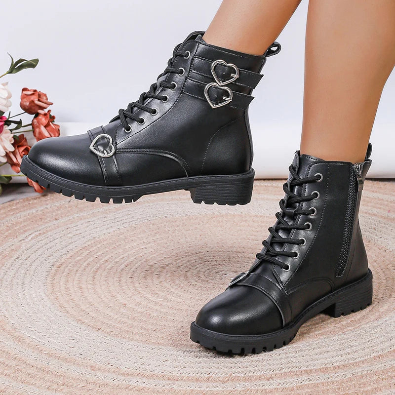 Aichashi Black PU Leather Ankle Boots for Women 2024 Autumn Fashion Lace Up Size Zipper Short Boots Woman Metal Decor Low Heels Booties