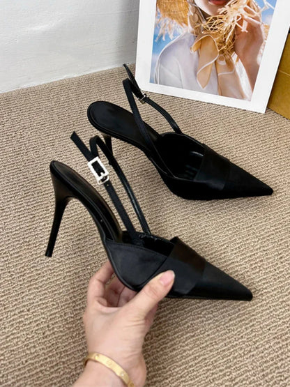 aichashi  -  Sexy Pointed Toe Silk Slingback Pumps Women Summer Office Lady comfort Heeled Sandals Elegant Stiletto High Heels Party