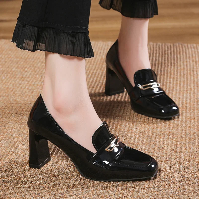 aichashi  -  Chunky Loafer Shoes Women Pumps Brand High Heels Loafers Metal Buckles Square Toe Black Patent Leather Casual Platform Shoes