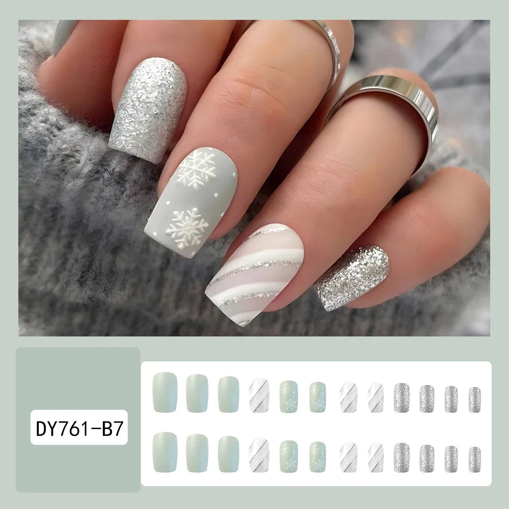 24 Pcs Glossy Long Square Press On Nails Silver Gray Christmas Pattern Fake Nails With Glitter Reusable False Nails