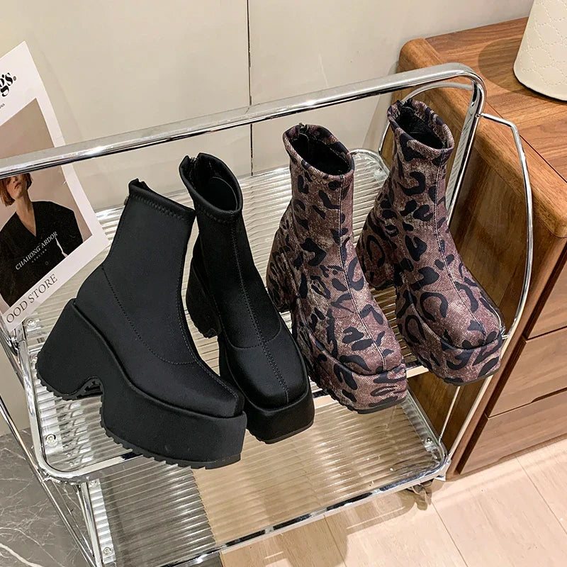 aichashi  -  Punk Style Platform Women Ankle Boots Fashion Leopard Short Booties Vintage Thick Heels Ladies Shoes