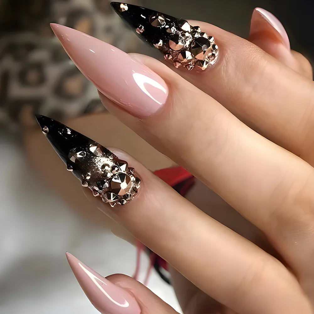 24Pcs Almond False Nails with Rhinestone Long Stiletto Fake Nails Gold Glitter Powder Design Press on Nails Full Cover Nail Tips