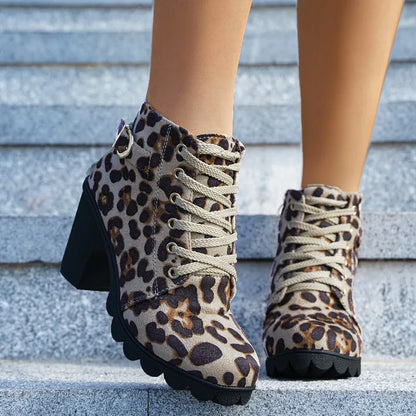 Aichashi Leopard Print Women's Boots New Plush Warm Winter High Heel Women Ankle Boots Comfortable Thick Heel Ladies Modern Boots