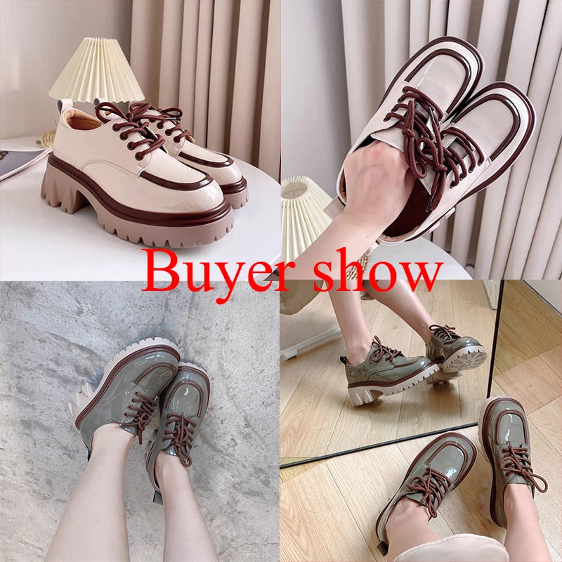 Aichashi British Style Chunky Platform Pumps Women Spring Lace Up Thick Heels Loafers Woman Round Toe Patent Leather Shoes