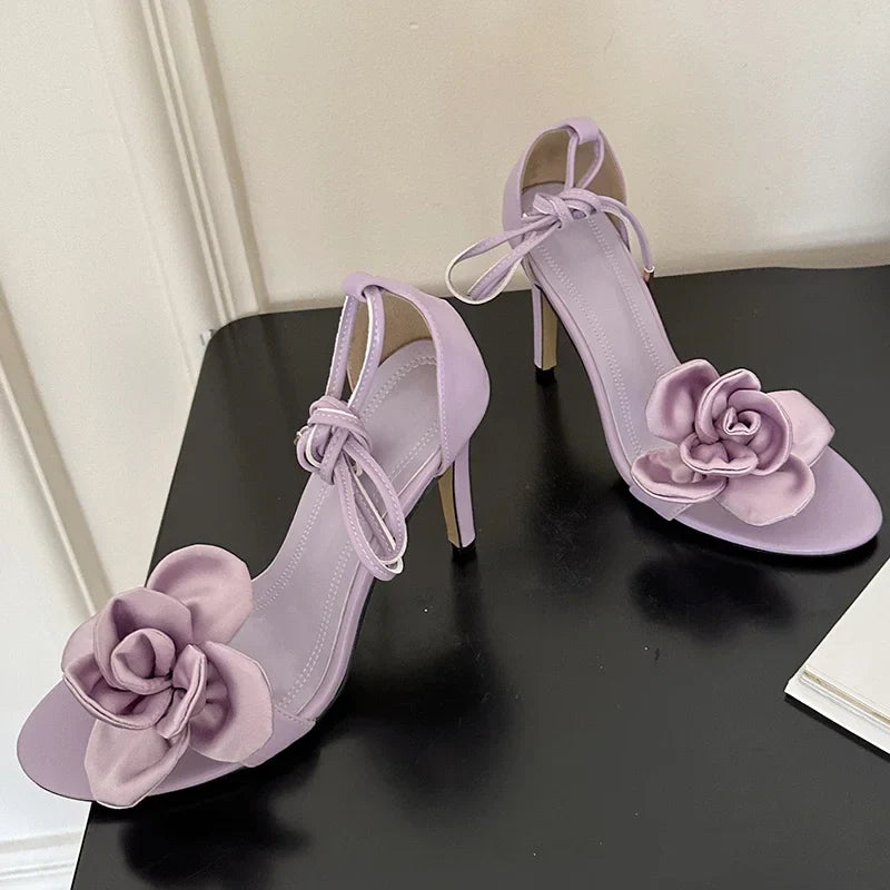 aichashi  -  Silk Rose Thin High Heels Sandals Female Footwear Cross-tied Designer Shoes Open-toe Fashions Purple Dressy Sandals Women Pumps