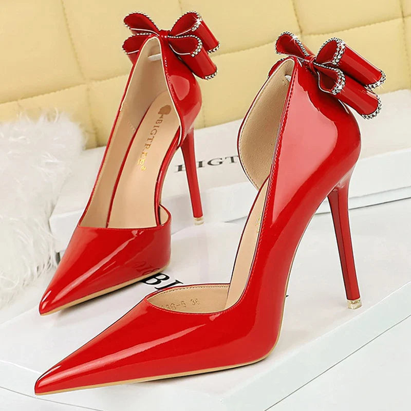 aichashi  -   New Patent Leather High Heels Rear Rhinestone Bowknot Women Pumps Spring Pointed Side Hollow Ladies Stilettos Heels Shoes