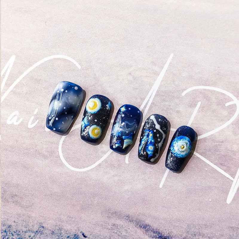 Aichashi 5D Realistic Relief Blue Yellow Starry Night Sky Moon Starlight Adheisve Nail Art Stickers Decals Manicure Ornaments Accessories