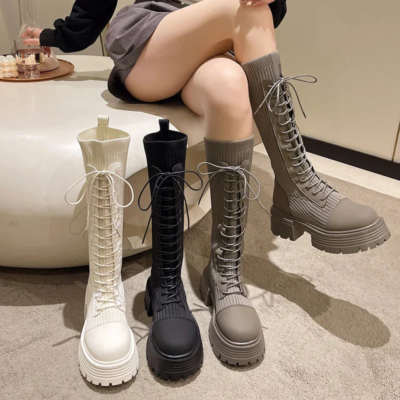 Aichashi Autumn Winter New Chunky Platform Long Boots Women Thick-soled Stretch Knitted Knee High Boots Woman Botas De Mujer