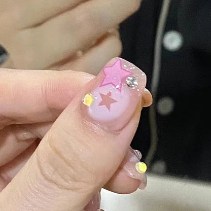 Aichashi Korean Sweet Girl False Nails y2k Pink Five-pointed Star Printed Fake Nails Short Cute White Edge Artificial Nail Patch 24pcs