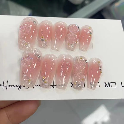 10pc detachable long ballet green false nails with Camellia butterfly full cover press on acrylic nail coffin korean style nails