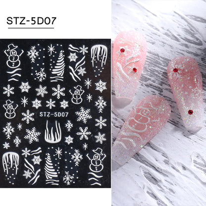 5D Snowflake Embossed Nail Sticker White Elk Tree Carved Santa Claus Christmas Nail Glitter Slider  Winter Nail Accessories