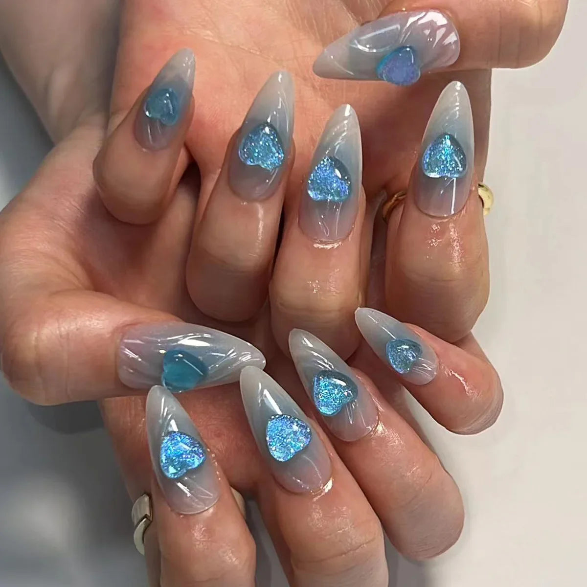 Aichashi 24PCS Long Almond Shape Wearable Blue Flash Diamond False Nails Y2K press on Stiletto Fake Nails With Water Ripple Finished Nail