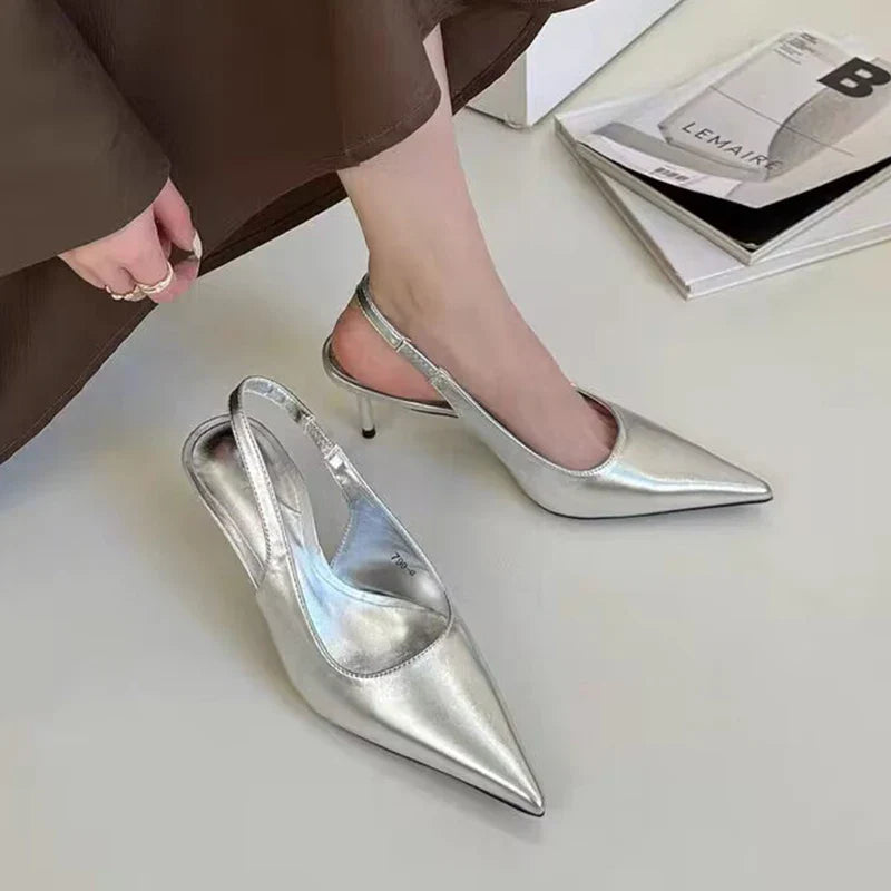 Aichashi Elegant High Heels Silver Pumps Women Summer Slingbacks Pointed Toe Party Shoes Woman Solid Thin Heeled Sandals Ladies