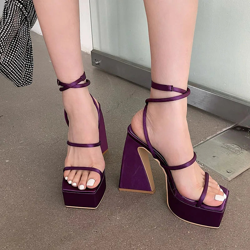 aichashi  -  New High Heels Women Sandals Square Toe Open Toe Pumps Platform Shoes Red Blue Thin Band Sexy Fashion Designer Party Dress Shoes