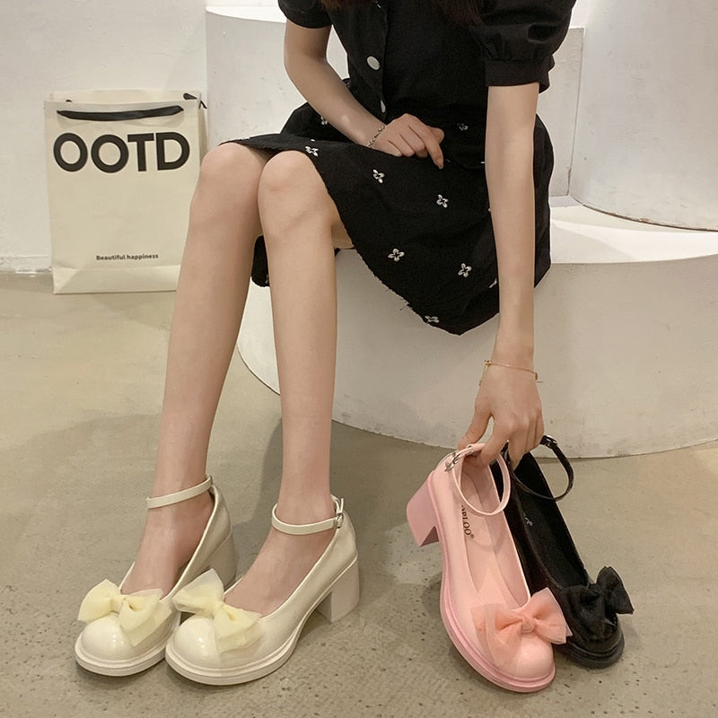 Aichashi Design Summer Mary Jane Shoes Round Toe Women Shallow Single Shoes Women Fashion Bowtie Party Dress Square Heel Shoes