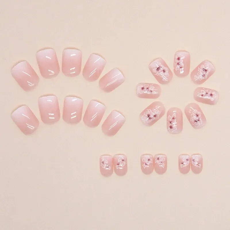 24 PCs Short French Simple Gradient Flower Nails with 1 Jelly Glue and 1 Nail File