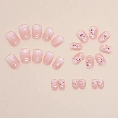 24 PCs Short French Simple Gradient Flower Nails with 1 Jelly Glue and 1 Nail File