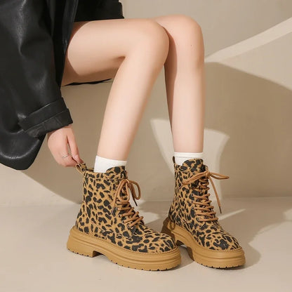 aichashi  -  Vintage Leopard Print Women Motorcycle Boots Fashion Lace Up Square Heel Shoes Laides Concise Short Booties