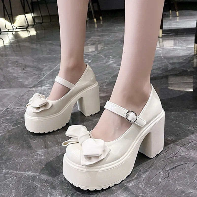 aichashi  -  Chunky High Heel Mary Jane Women Shoes PU Leather Bow Design Platform Pumps Shoes for Women High Heels Buckle Strap Party Shoes