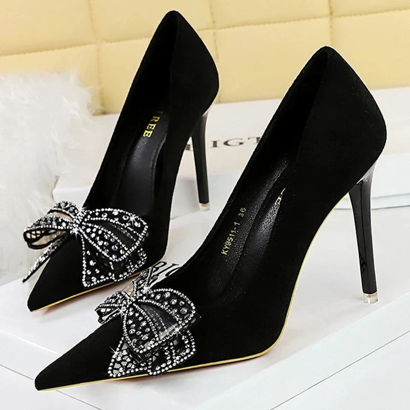 aichashi  -  Spring New Women Heels Fashion Women Pumps Rhinestone Bowknot High Heels Ladies Shoes Luxury Elegant Party Shoes Plus Size 43