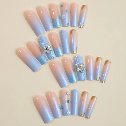 Aichashi 24Pcs Blue Butterfly Glitter French Edge False Nails Press on Nails with Aurora Diamond Wearable Long Coffin Ballet Fake Nails