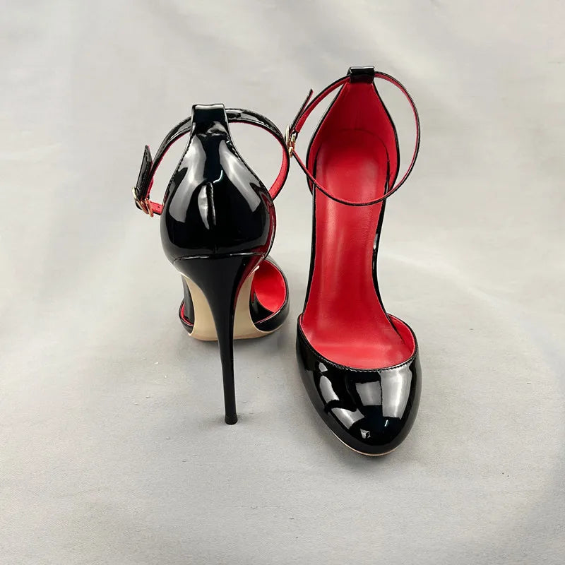 aichashi  -  Black Patent Leather Women Ankle Strap D'orsay Pumps 12cm High Heels Cute Mary Jane Red inside Stilettos Party Shoes Customize