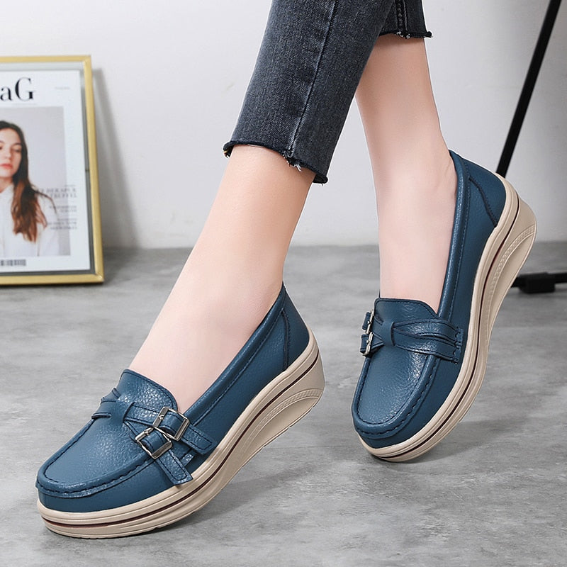 Aichashi New Spring Autumn Women Flats Platform Loafers Ladies Leather Comfort Wedge Moccasins Orthopedic Slip On Casual Shoes 35-42