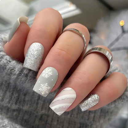 24 Pcs Glossy Long Square Press On Nails Silver Gray Christmas Pattern Fake Nails With Glitter Reusable False Nails