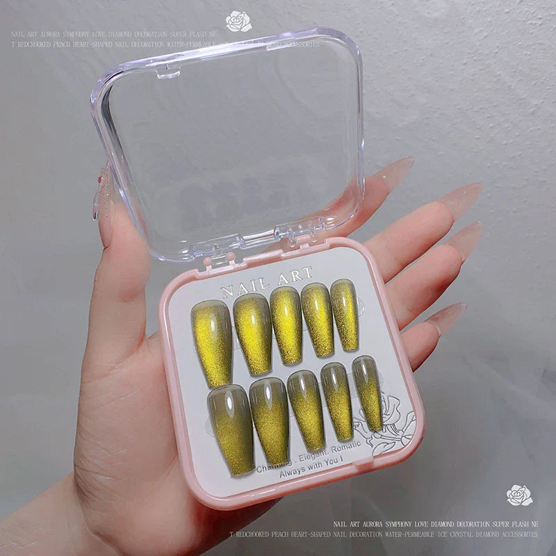 24pcs/box Crystal Cat Eye Shining Diamond Nail Patch Sparkling False Nail Press on Acrylic Nails Handmade Nail Wearing