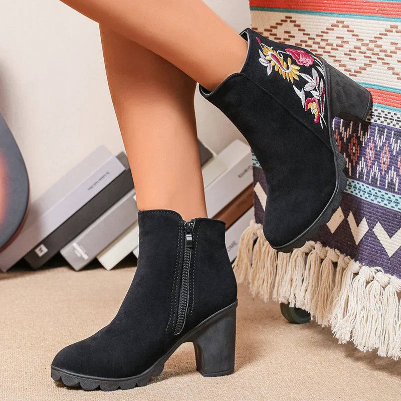 Aichashi Embroidered High Heels Ankle Boots for Women 2024 Autumn Side Zip Black Short Botas Mujer Fashion Flower Thick Heeled Booties