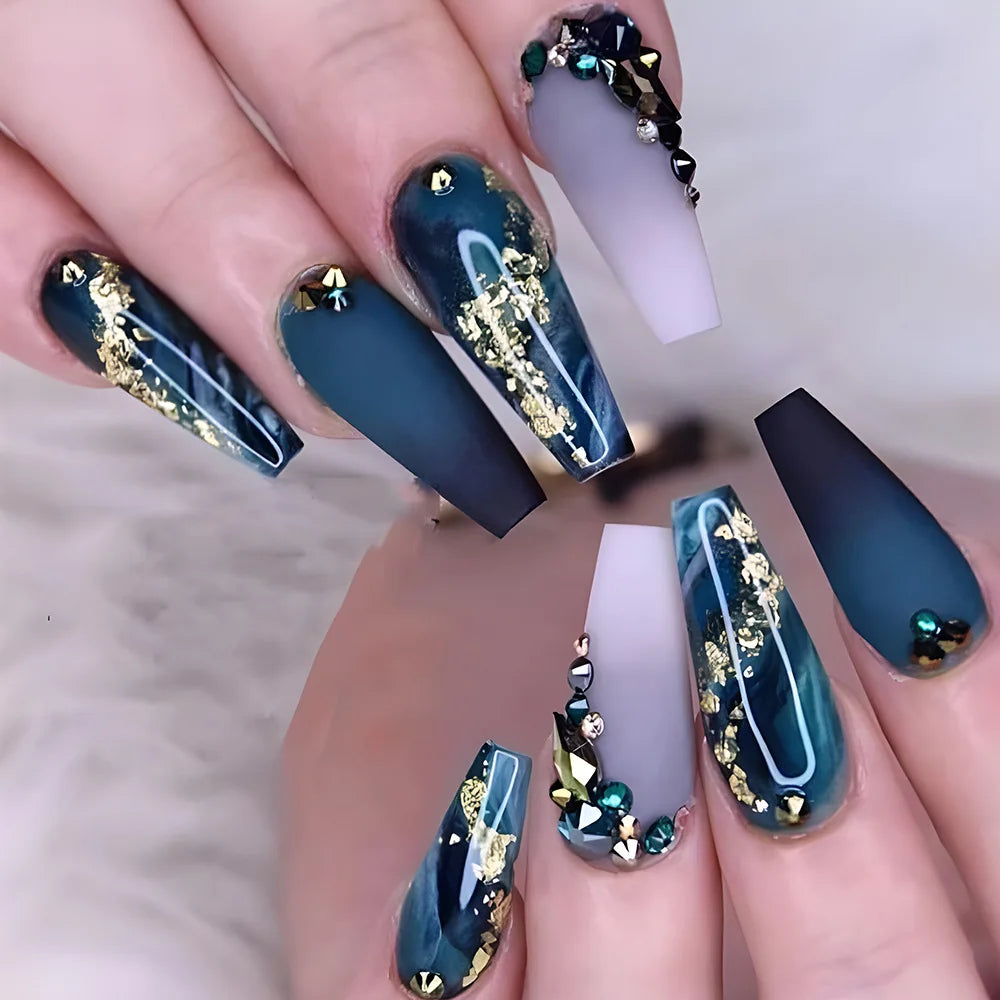 Aichashi 24Pcs False Nails with Glue Artificial Ballet Fake Nails with Blue Rhinestone Long Coffin Press on Nails Finished Fingernail tip