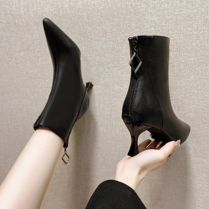 Aichashi High Heels Dress Shoes Pointed Toe Bare Boots Black Booties Thin Heeled Fashion Ankle Boots Retro Ladies Shoes Women's Boots