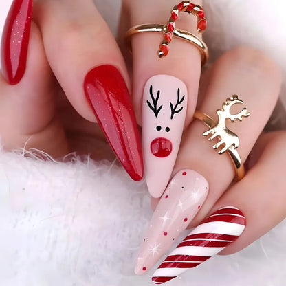 aichashi New Christmas Fake Nails Cute Elk Snowflake Pattern Red Color Press on Nails Artificial Nails Tip Christmas Gifts for Girls