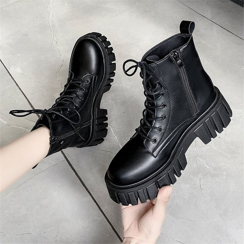 Aichashi New Women White Ankle Boots PU Leather Thick Sole Lace Up Combat Booties Female Autumn Winter Platform Shoes Woman