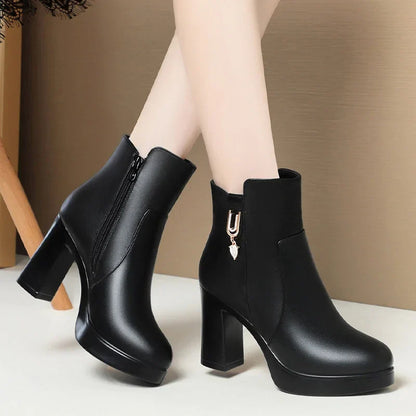 Aichashi Autumn Winter Women  Platform Shoes Warm Fleece Waterproof Short Leather Boots Luxury Black Super High Heel Ankle Boots