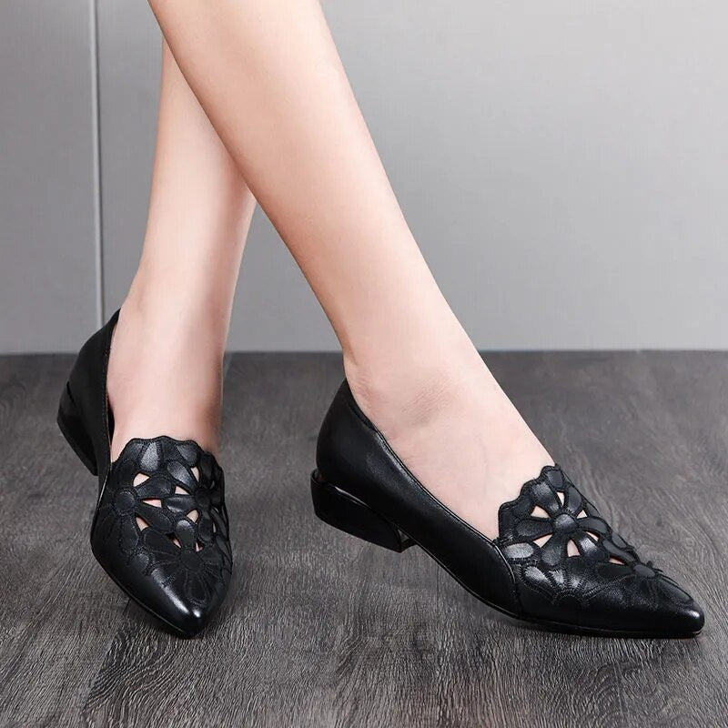 Aichashi New Mid Heel Shoes Women Heels Wedding PU Leather Hollow Out Black Square Heel Formal Shoes Office Lady Spring Fall Zapatos