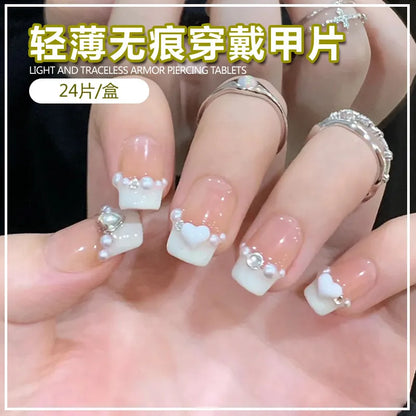 24PCS Camellia False Nails French Pearl Butterfly Design Fake Nail Patch Sweet Style Girl Women Press on Nail Tips Wholesale