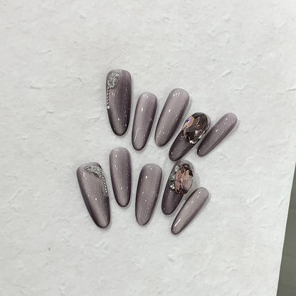 Aichashi 10pcs long stiletto artificial nails with designs cat eyes purple gemstone full cover press on acrylic nails almond false nails