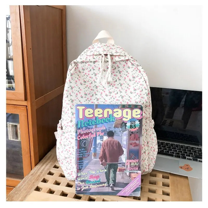 Aichashi BACK TO SCHOOL Korean Version Nylon Floral Backpack School Flower Fashion Backpack Junior High School Backpack Travel Bag