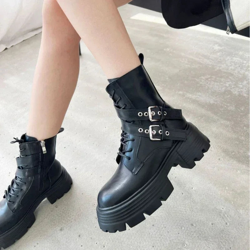 aichashi  -  Fashion Soft Leather Mid-calf Biker Boots Women Winter New Metal Buckle Design Chunky Heel Ankle Boots Punk Style Platform Boots