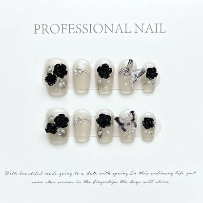 10pc detachable long ballet green false nails with Camellia butterfly full cover press on acrylic nail coffin korean style nails