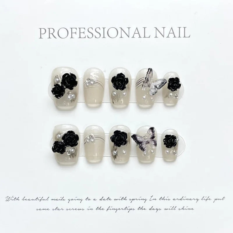 10pc detachable long ballet green false nails with Camellia butterfly full cover press on acrylic nail coffin korean style nails