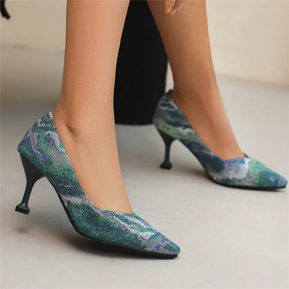 aichashi  -  Pumps Women Shoes Flower Totem Slip-On Shallow Shoes Wedding Party Pointed Toe High Heels Pump Chaussures Femme Plus Size 32-46