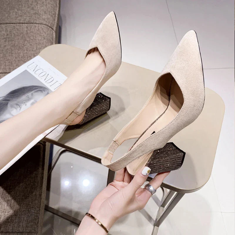 Aichashi 2024 Women's Chunky Slingback Mule Casual Pointy Pumps Retro Office High Heels Women's New Stretch Band Set Mary Jane Shoes