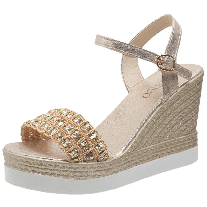 Aichashi Gold Silver Glitters Wedge Sandals Women Buckle Strap Chunky Platform Sandles Woman Summer Non-Slip Thick Sole Sandalias Mujer