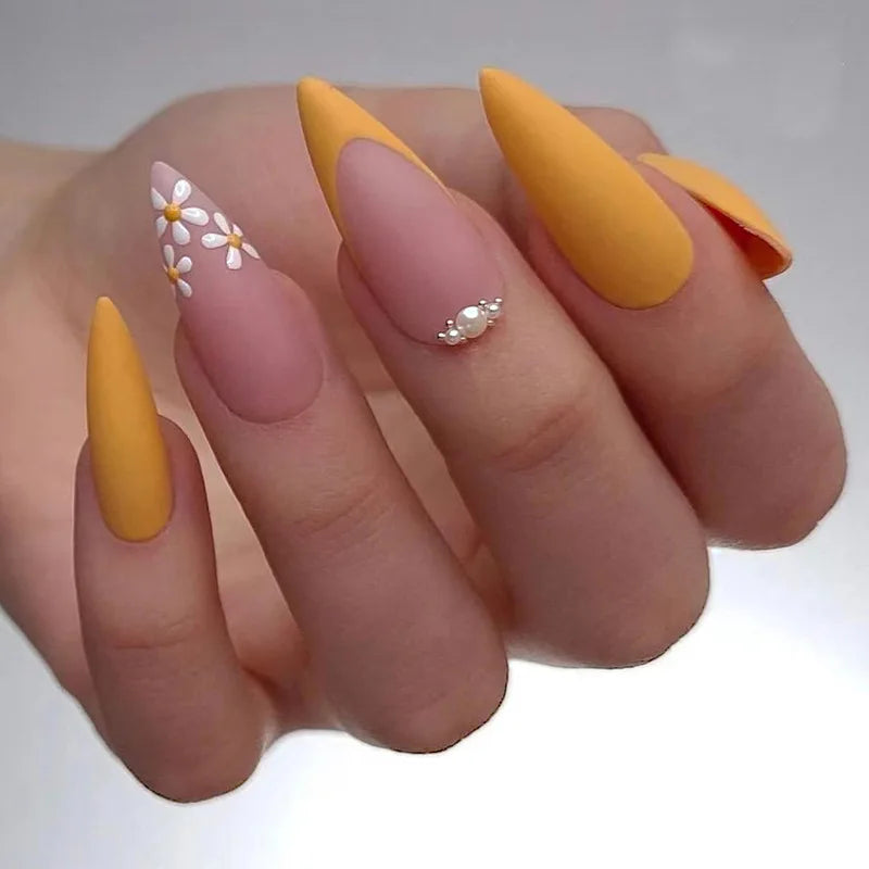 Almond False Nails 24Pcs Press On Nails Color Flower Printed Red and Yellow Autumn Manicure Nail Tips Full Cover