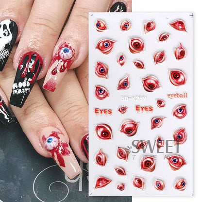 5D Gems Spider Embossed Nail Stickers Design Centipede Red Eyeball Adhesive Sliders Holiday Party New Year Decals Manicure Foils