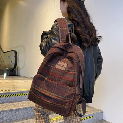 Aichashi BACK TO SCHOOL Vintage Plaid Woollen Cloth Women's Backpack Student Book Backpacks for Teenage Girls School Bags Large CapacityTravel Rucksack